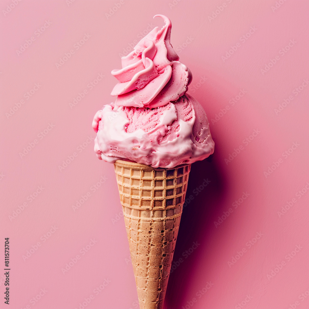 Overhead shot of ice cream scoope in waffle cone on pink background. Top view, copy space. High quality beautiful photo sweet concept Overhead shot of ice cream scoope in waffle cone on pink background. Top view, copy space. High quality beautiful photo sweet concept