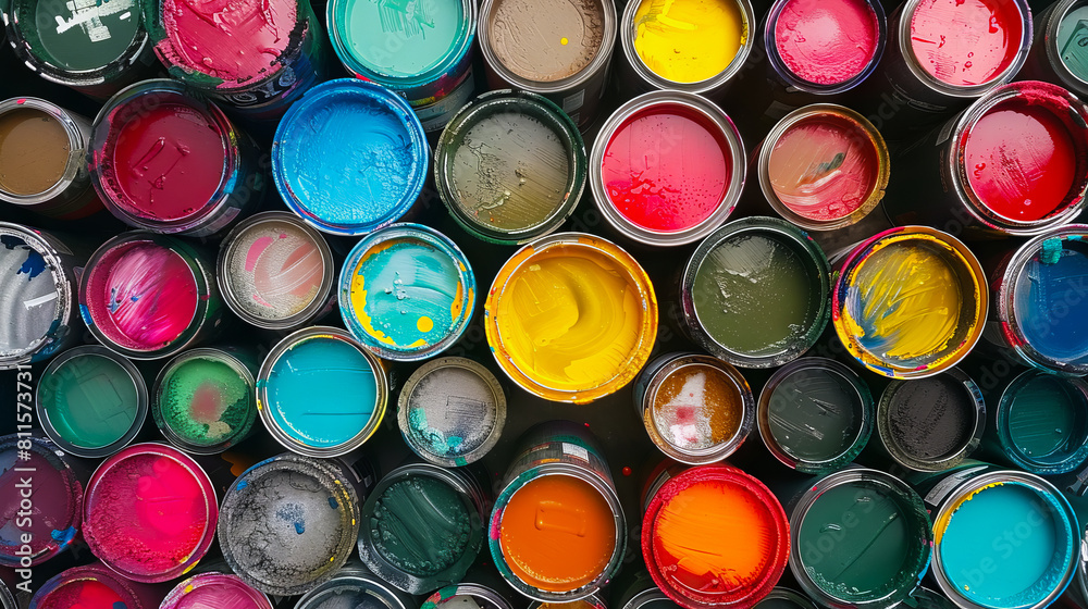 A pile of paint cans with many different colors. A pile of paint cans with many different colors.