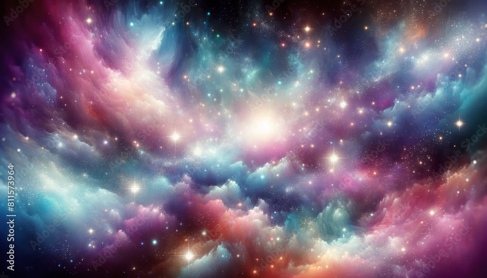 A vibrant cosmic scene with a colorful nebula and twinkling stars against a dark space background, illustrating a concept of the universe's beauty. Generative AI A vibrant cosmic scene with a colorful nebula and twinkling stars against a dark space background, illustrating a concept of the universe's beauty. Generative AI