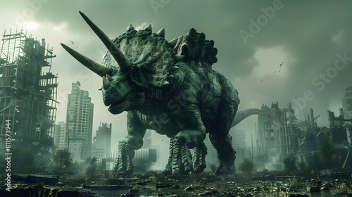 Prehistoric Titans Clash in Crumbling Futuristic Cityscape Rendered in High-Contrast Style