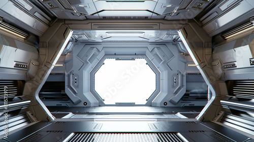 Open the door of the spaceship with white bright light, future technology 3D rendering stage background © lin