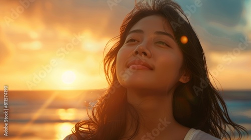 portrait of beautiful asian woman enjoying seaside at sunset exploring spirituality looking up praying contemplating journey relaxing on beach hyper realistic 