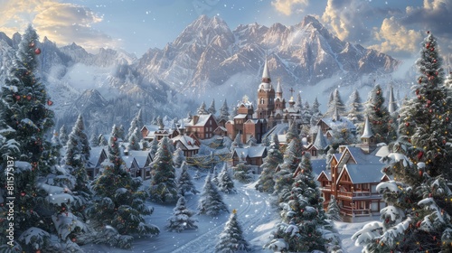 Santa's village hidden behind the mountains surrounded by Christmas trees and snow. Digital matte painting. hyper realistic 