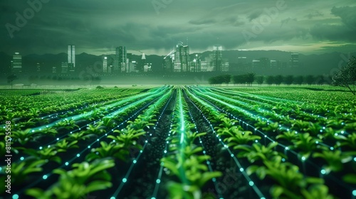 Smart agriculture 5.0 green plant product farming technology. Futuristic agriculture technology for increasing productivity and quality. hyper realistic 