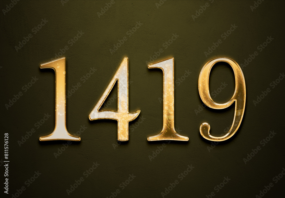 Old gold effect of 1419 number with 3D glossy style Mockup. Old gold effect of 1419 number with 3D glossy style Mockup.