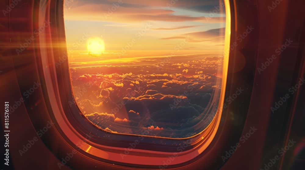 Sunset and Journey from the Airplane Window. Vertical. hyper realistic 