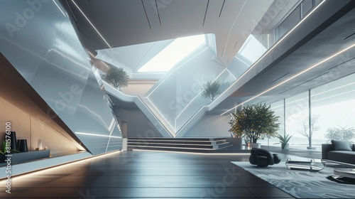 Stunning modern futuristic building interior, showcasing sleek architecture with innovative design elements and ambient lighting, AI Generative hyper realistic 