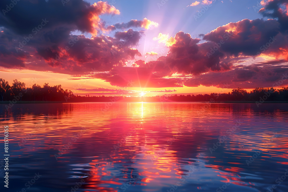 Radiant Sunset Over Tranquil Lake with Glowing Golden Reflections and Wispy Atmospheric Clouds Radiant Sunset Over Tranquil Lake with Glowing Golden Reflections and Wispy Atmospheric Clouds