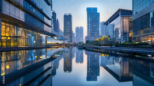 water reflection among modern buildings and a yellow tree under a blue sky © YOGI C