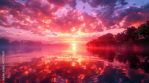Radiant Sunrise Reflecting on a Tranquil Lake - Serene Landscape with Vibrant Sky and Golden Sunbeams