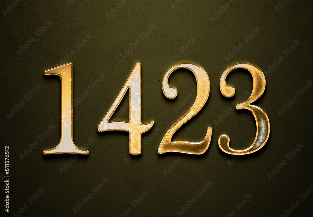 Old gold effect of 1423 number with 3D glossy style Mockup. Old gold effect of 1423 number with 3D glossy style Mockup.