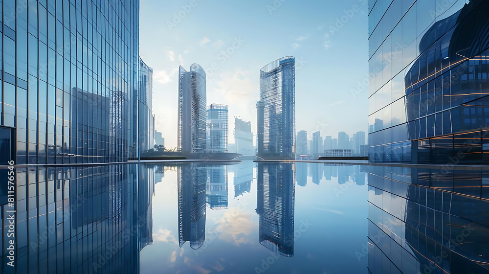 water reflection among modern buildings, including a glass and tall building, against a clear blue sky