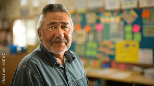 The close up picture of the hispanic teacher, educator or instructor sitting in classroom of school, the educator require skills like classroom management, lesson planning and teaching skill. AIG43. © Summit Art Creations