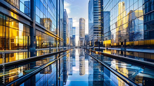 water reflection among modern buildings, including a tall glass building and a yellow building, with a clear blue sky in the background