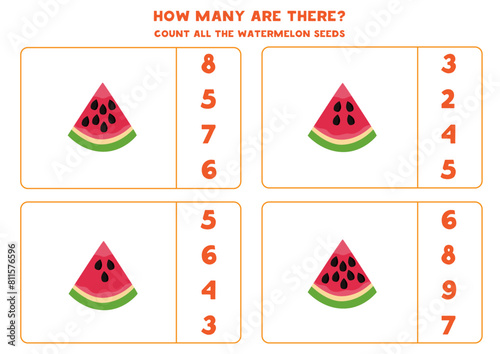 Count all watermelon slices and circle the correct answers. © Milya Shaykh