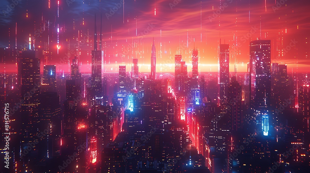 A vibrant neon glow interpretation of the US flag, with glowing red, white, and blue neon lines against a dark cityscape background at night.