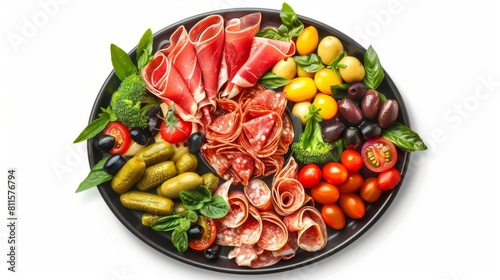 Top view of Italian food Antipasto Platter isolated on a white transparent background. hyper realistic 