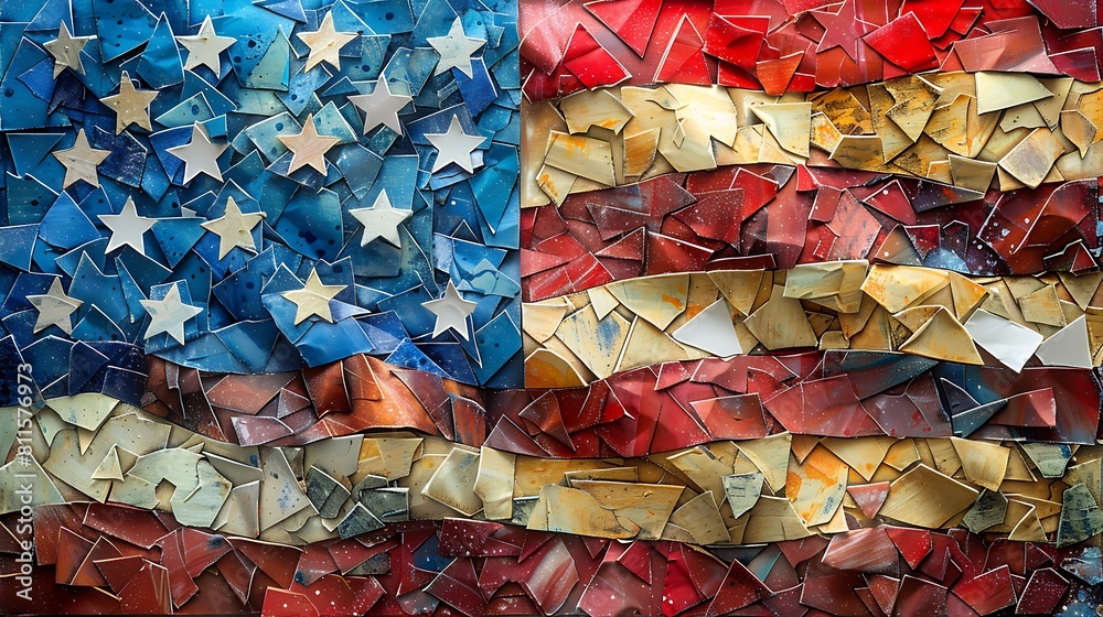 A vibrant paper collage of the US flag, crafted from torn pieces of red, white, and blue paper arranged in a dynamic layout on a canvas background. A vibrant paper collage of the US flag, crafted from torn pieces of red, white, and blue paper arranged in a dynamic layout on a canvas background.