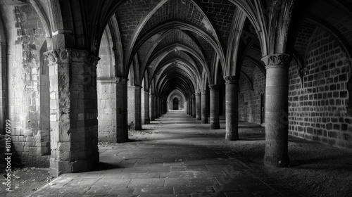 shot of hallway in black and white at the crypt at fountains abbey, aesthetic look photo