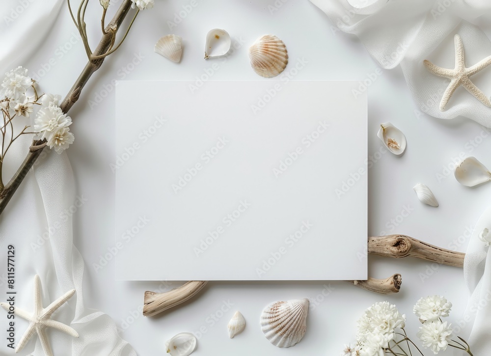 a blank white wedding card mock-up - flatlay with a beach vacation setting a blank white wedding card mock-up - flatlay with a beach vacation setting