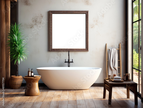 Modern bathroom interior with a freestanding bathtub  natural light  and tropical view  concept of relaxation. Generative AI