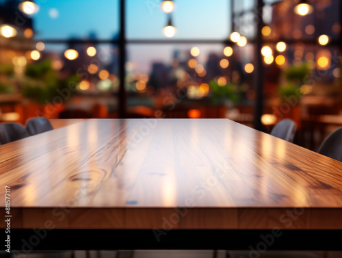 Warmly lit wooden table with a blurred restaurant background, conveying a concept of dining out. Generative AI