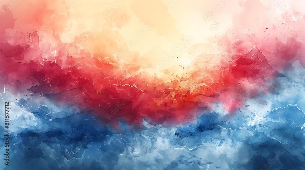 A watercolor wash interpretation of the US flag, soft and blended strokes in patriotic colors, ethereal and fluid.