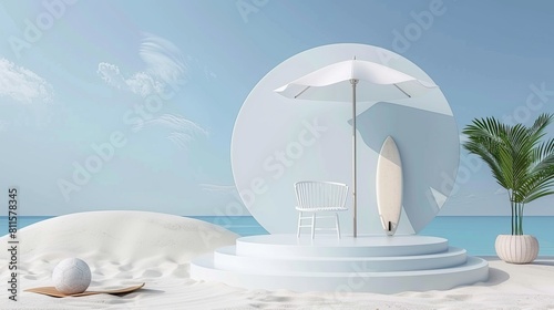 An abstract minimalistic beach scene with a white round podium  accompanied by a chair under an umbrella  set against a sandy texture.  