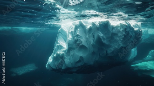 An impressive, large white iceberg is visible both above and underwater, highlighting the dramatic effects of global warming on glaciers.