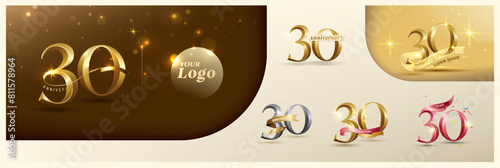 30th anniversary logotype modern gold number with shiny ribbon. alternative logo number Golden anniversary celebration