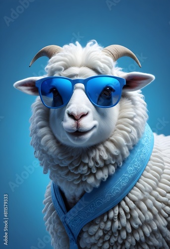 A sheep with blue glasses and a blue scarf with blue background