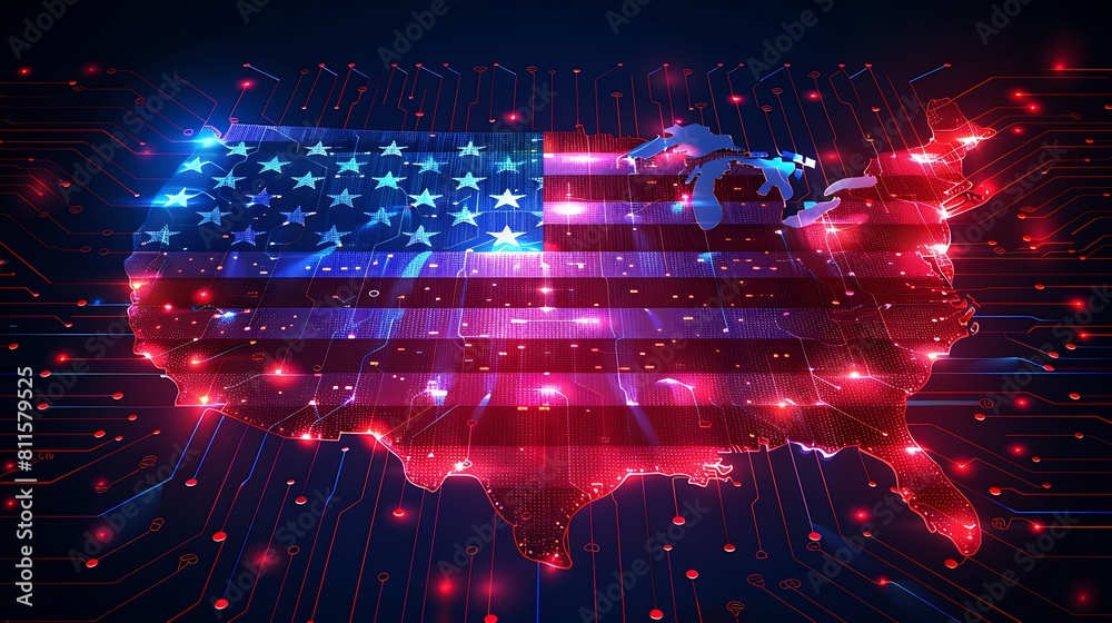 An abstract tech interpretation of the US flag, with microchip patterns and data streams forming the iconic stars and stripes.