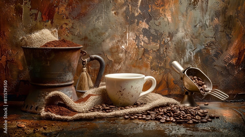Rustic presentation of a cup of coffee accompanied by a bag of coffee beans and a scoop, all set against an old, rusty background Rustic presentation of a cup of coffee accompanied by a bag of coffee beans and a scoop, all set against an old, rusty background