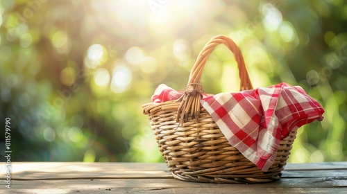 A neatly arranged empty basket with a bright red napkin  set on a table  ready for a picnic
