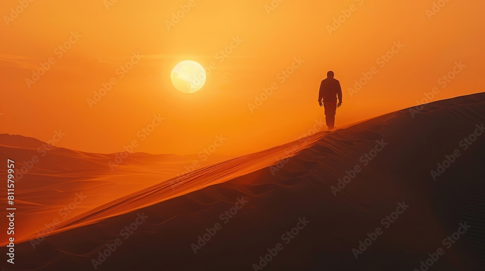 Silhouette of a man walking on the top of the big dune enjoying the dramatic bright desert sunset, aesthetic look