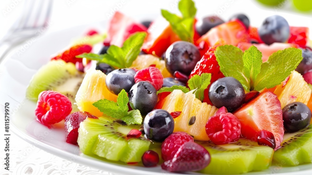 A vibrant and colorful fresh fruit salad, beautifully arranged to showcase a variety of textures and flavors from seasonal fruits A vibrant and colorful fresh fruit salad, beautifully arranged to showcase a variety of textures and flavors from seasonal fruits