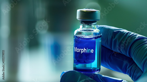 Morphine medical bottle of pain medication of opiate family which acts on CNS and used for acute and chronic pain in myocardial infarction kidney stones and during labor photo