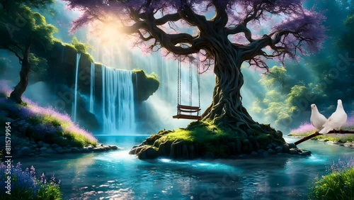 Waterfalls in the forest, swing on tree with doves resting on branch photo