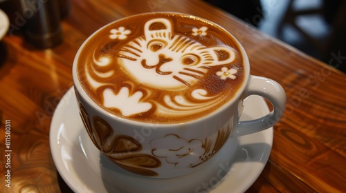 A freshly prepared hot latte boasting intricate latte art on its creamy surface  served in a classic coffee cup