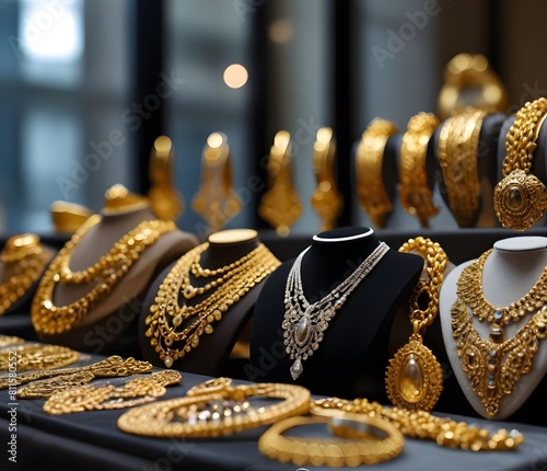 Lot of Gold and silver filigree jewelry show in retail store window display showcase background.
