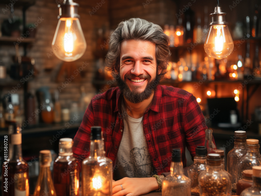A smiling man with a beard in a bar, warm lights from vintage light bulbs, bottles in the foreground, cozy ambiance concept. Generative AI