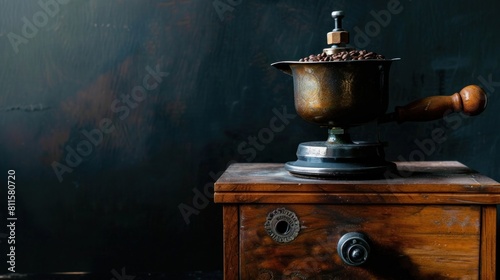 Close-up of a manual coffee grinder with coffee beans ready for grinding