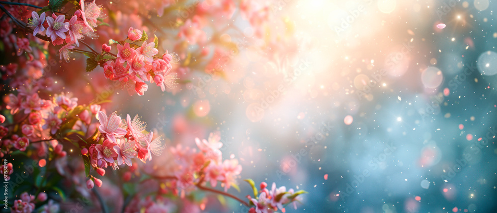 Blossoming pink flowers with a magical bokeh effect on a blurred background, representing the concept of spring. Generative AI