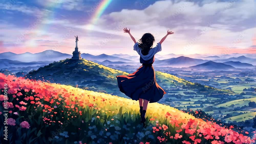 Happy woman in the mountains. Seamless looping time-lapse 4k video animation background
