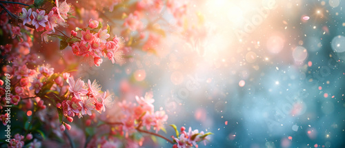 Blossoming pink flowers with a magical bokeh effect on a blurred background, representing the concept of spring. Generative AI