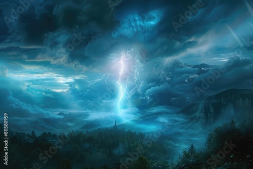 Fantasy landscape with stormy sky and lightning