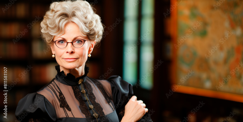 Elegant lady with gray hair and glasses, bookcase background, sophistication concept. Generative AI