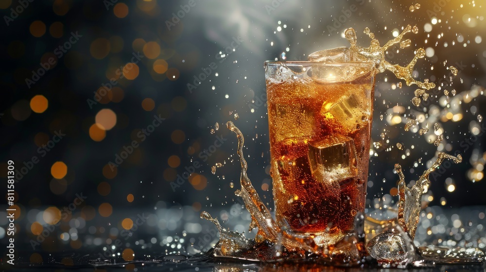 A dynamic image of a glass of soft drink with ice splashing around, set against a dark background A dynamic image of a glass of soft drink with ice splashing around, set against a dark background