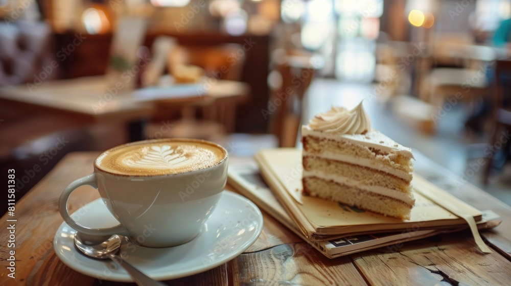 A cozy cafe setting featuring a still life of a cup of cappuccino and cake with a book A cozy cafe setting featuring a still life of a cup of cappuccino and cake with a book