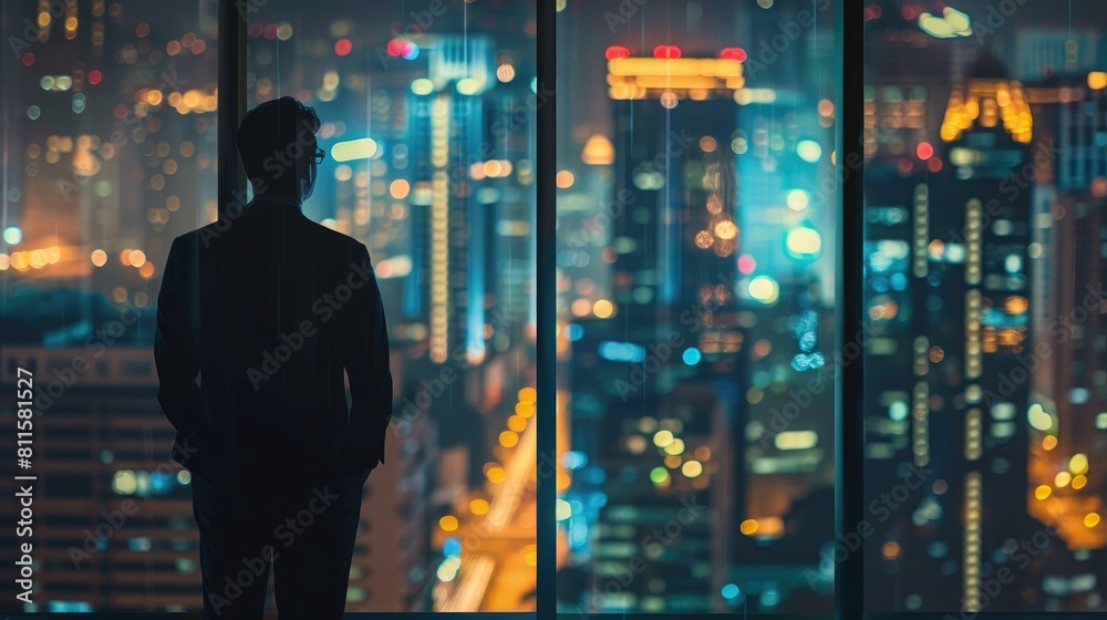 Successful Businessman Looking Out of the Window on Late Evening, Modern Hedge Fund Investor Enjoying Successful Life, Urban View with Down Town Street with Skyscrapers at Night with Neon Lights
